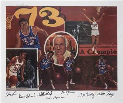 1973 NBA World Champions New York Knicks Multi Signed Litho With 7 Signatures Including Reed, DeBusschere & Frazier (LE 1085/1973) (Beckett)